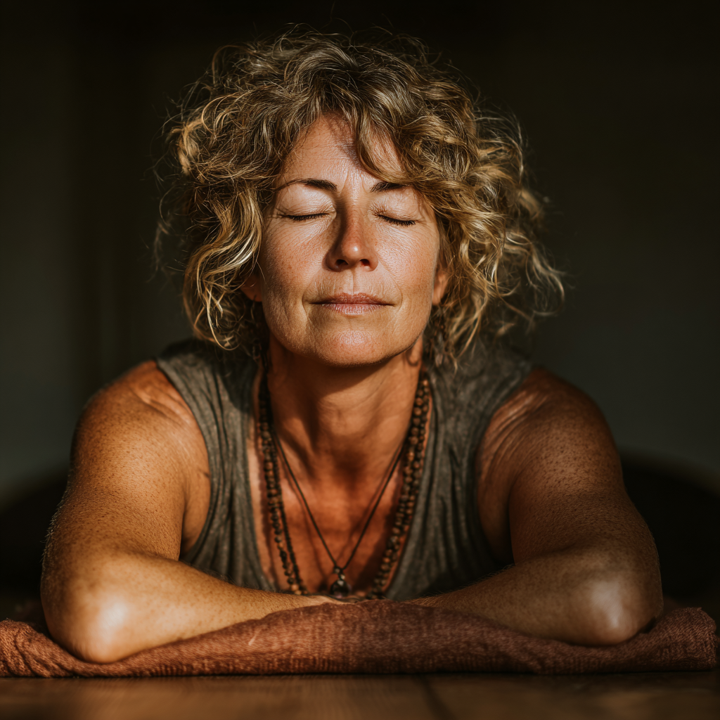 Persoană matură practicând yoga în natură